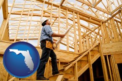 florida map icon and a custom home builder reviewing construction plans