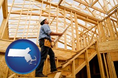 massachusetts map icon and a custom home builder reviewing construction plans
