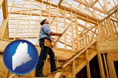 maine map icon and a custom home builder reviewing construction plans