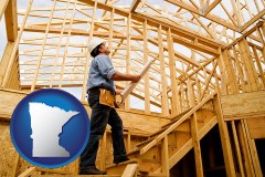 minnesota map icon and a custom home builder reviewing construction plans