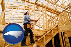 north-carolina map icon and a custom home builder reviewing construction plans