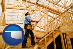 oklahoma map icon and a custom home builder reviewing construction plans