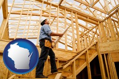 wisconsin map icon and a custom home builder reviewing construction plans